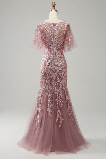Gris Rosa Sirena Tul Vestido de Madrina con Encaje